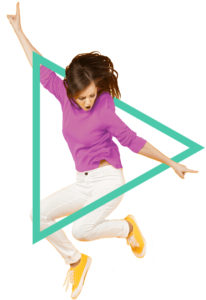 Femme qui saute, pull violet, triangle bleu, baskets jaune, formation Bourgogne